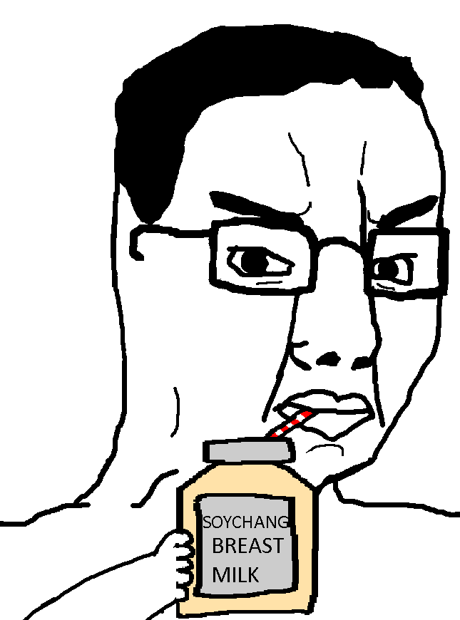 soychang, soytan, chudjak, 1soyjak, angry, arm, black hair, breast milk, closed mouth, drink