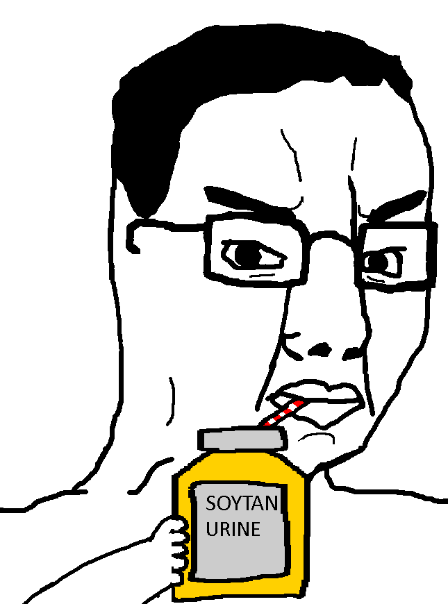soytan, chudjak, 1soyjak, angry, arm, black hair, closed mouth, drink, drinking, english text