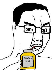 soytan, chudjak, 1soyjak, angry, arm, black hair, closed mouth, drink, drinking, english text