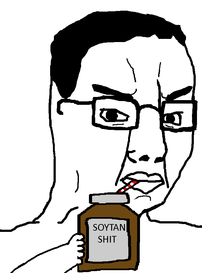 soytan, chudjak, 1soyjak, angry, arm, black hair, closed mouth, drink, drinking, drinking shit