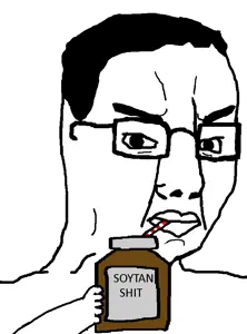 soytan, chudjak, 1soyjak, angry, arm, black hair, closed mouth, drink, drinking, drinking shit