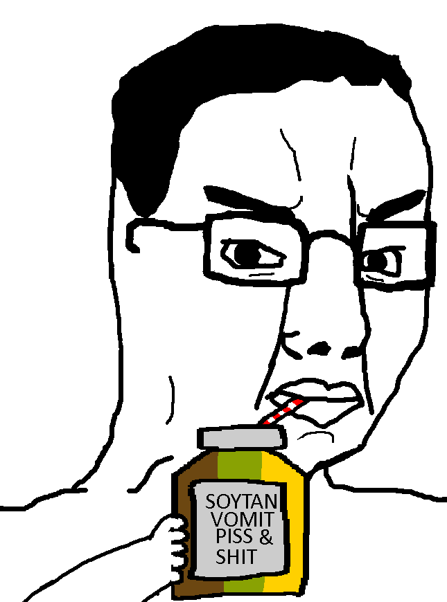 soytan, chudjak, 1soyjak, angry, arm, black hair, closed mouth, drink, drinking, drinking shit