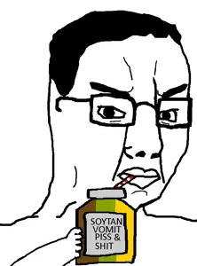 soytan, chudjak, 1soyjak, angry, arm, black hair, closed mouth, drink, drinking, drinking shit