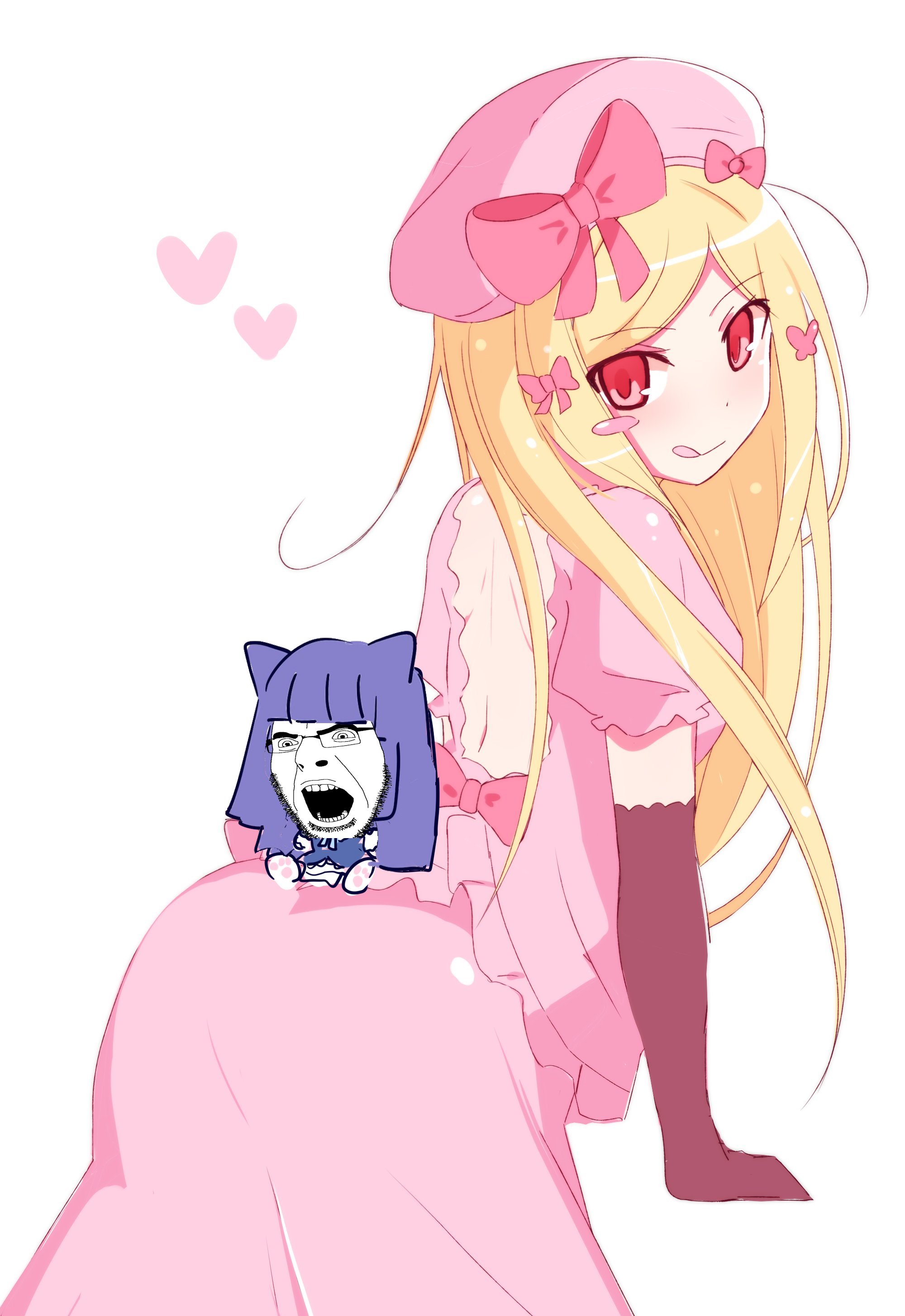 bernkastel, lambdadelta, cobson, 2soyjaks, anime, black eyes, blonde hair, blue hair, butt, cat ears