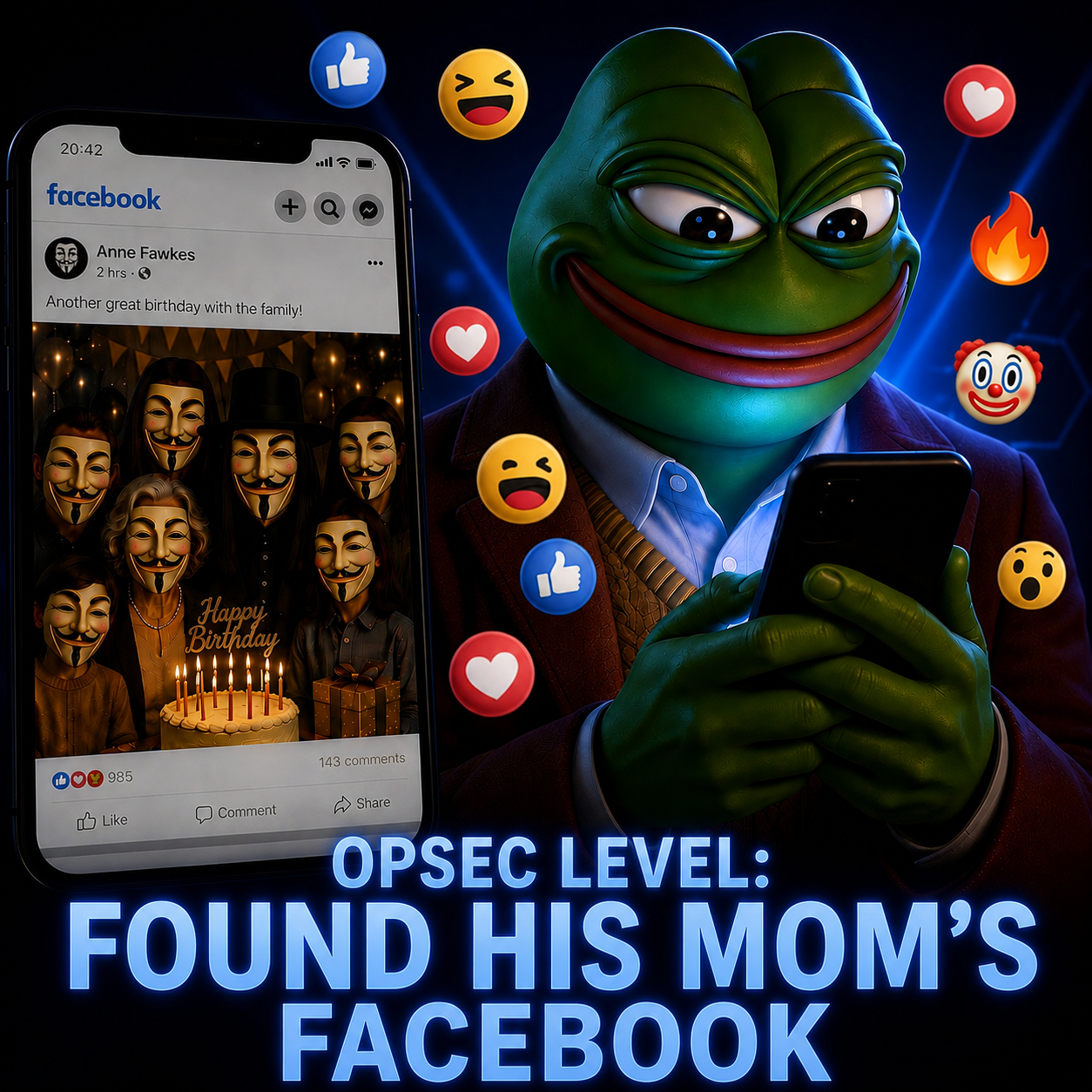 opsec demon, pepe, opsec level, birthday, birthday cake, black eyes, black hair, blue text, brown hair, closed mouth