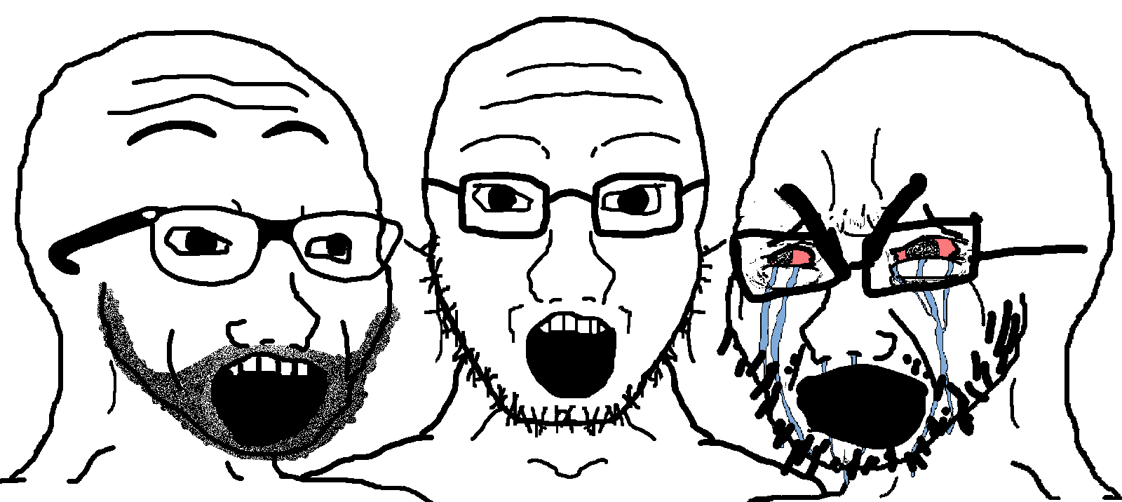 cryboy soyjak, excited soyjak, soyak, soyak front2, trios & duos, 3soyjaks, angry, bald, bloodshot eyes, crying