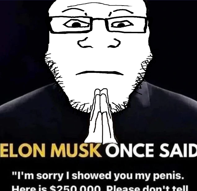 markiplier soyjak, neutralplier, 1soyjak, bald, begging, black background, black eyes, closed mouth, elon musk, fat