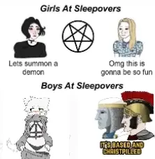 tradwife wojak, wojak, yes chad, it's based and christpilled, blue eyes, chad, christian, compressed, female, femboy
