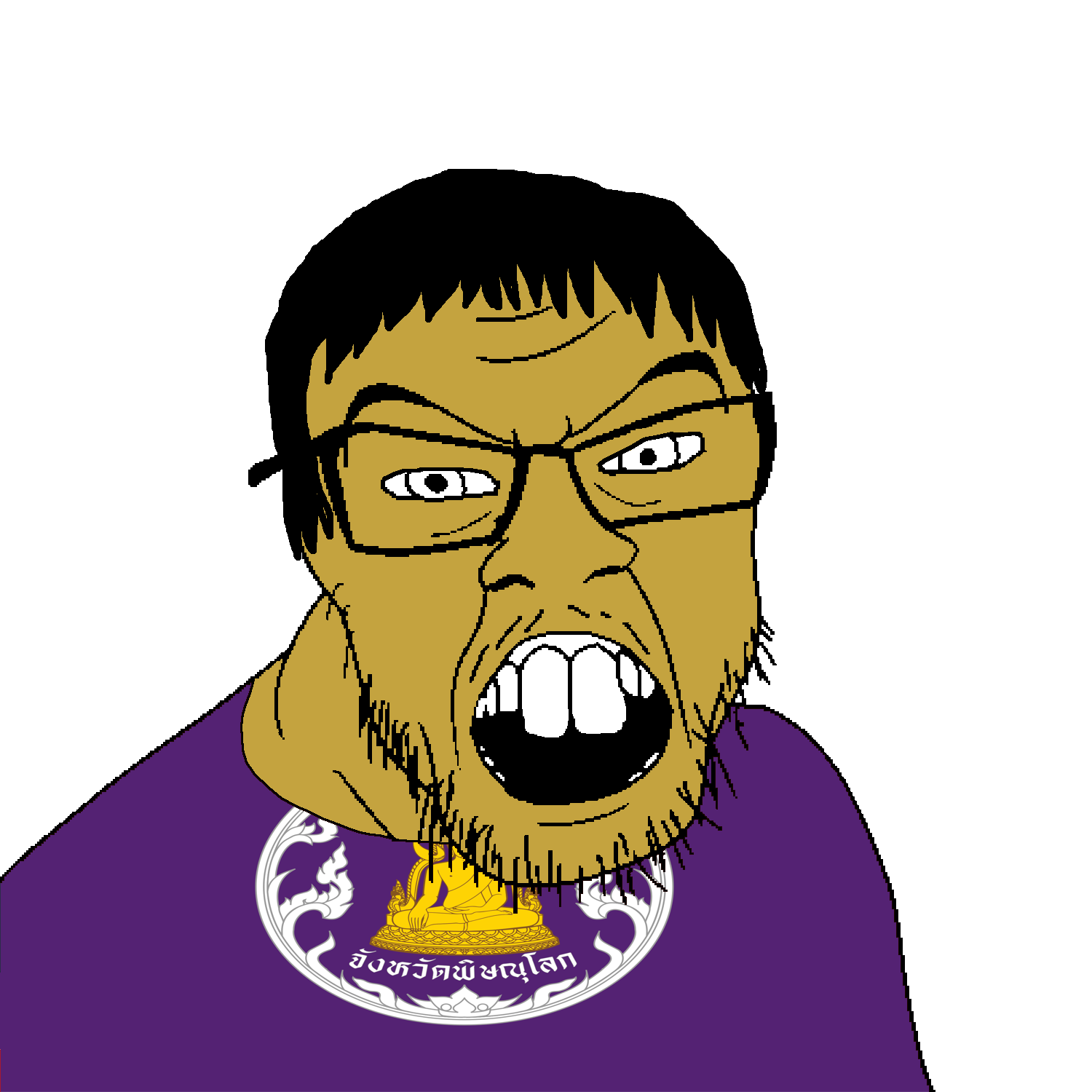 feraljak, 1soyjak, black hair, brown skin, buddha, buddhism, clothes, flag, full body, glasses