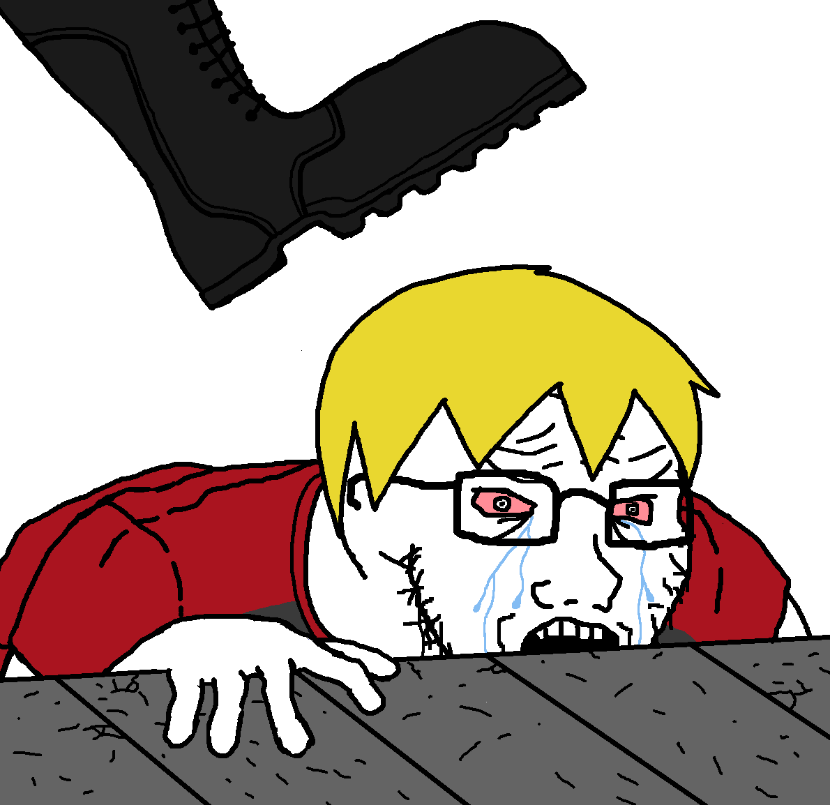 nate higgers, soyak, soyak (crying) 2, natejak, 1soyjak, abuse, blonde hair, bloodshot eyes, boot, bowl cut