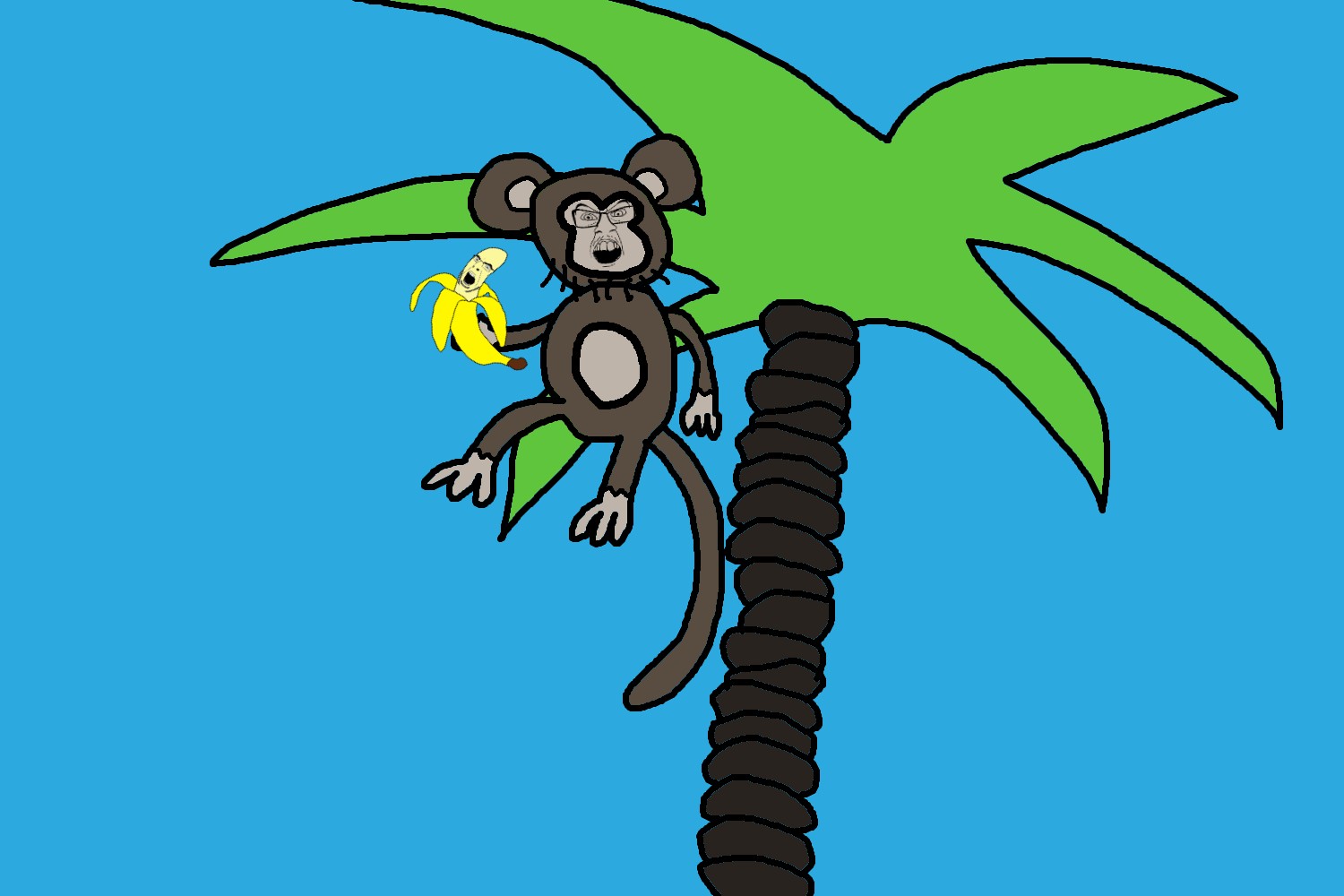 cobson, feraljak, 2soyjaks, animal, banana, bananason, blue background, blue sky, drawn background, food