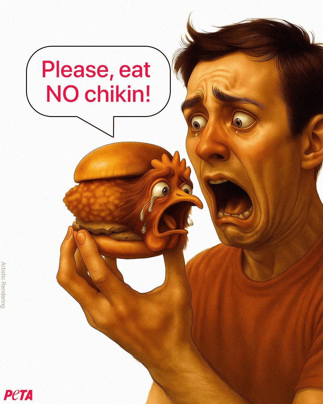 talkingballsoyjak, animal, brown hair, chicken, chicken sandwich, clothed, clothes, crying, food, full body