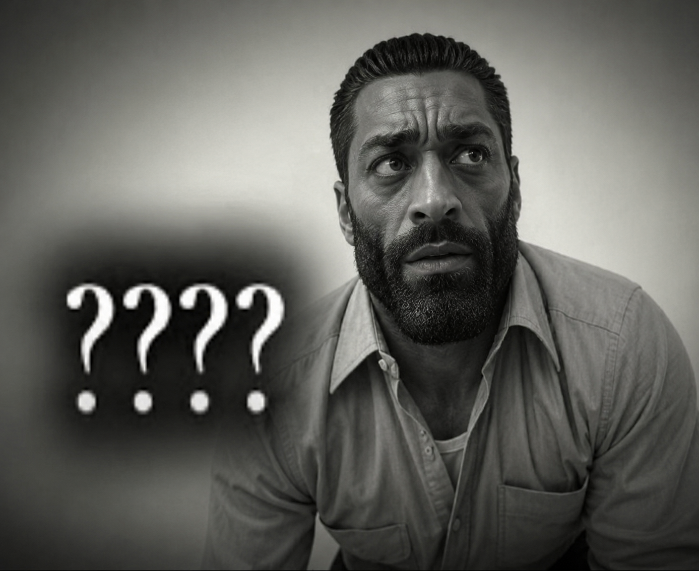 gigachad, -, beard, black eyes, black hair, buff, clothes, confused, ear, eye