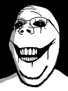 gapejak, wholesome soyjak, bald, black background, black hair, evil, hair, ominous, open eyes, portrait