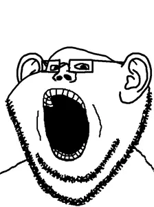 impish soyak ears, 1soyjak, bald, ears, fat, front view, gaping mouth, glasses, looking at you, open eyes