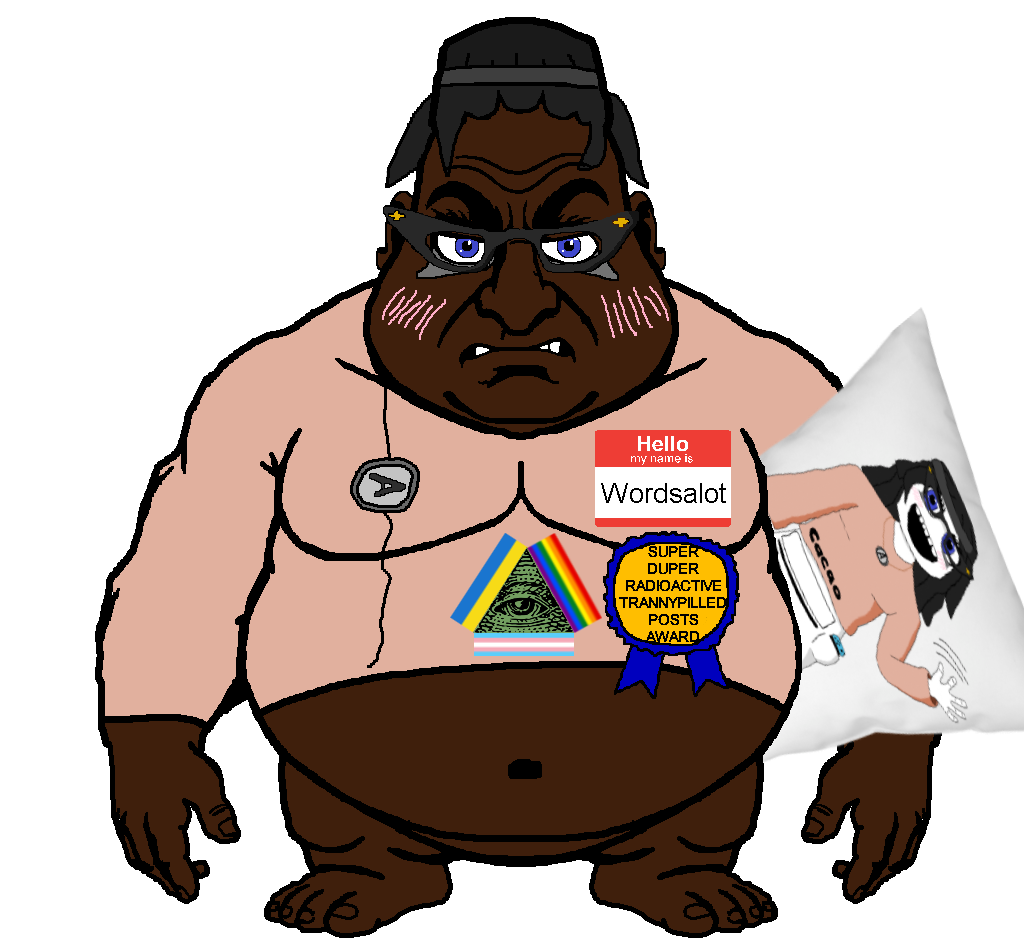 horrendous wordsalotorganism, angry, award, black eyes, black hair, black skin, body pillow, closed mouth, fat, front view