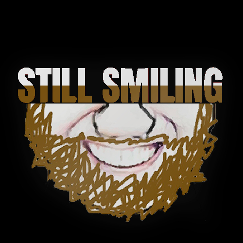 coomer wojak, wojak, coomerjak, still smiling, beard, black background, blonde hair, brown hair, coomer, front view