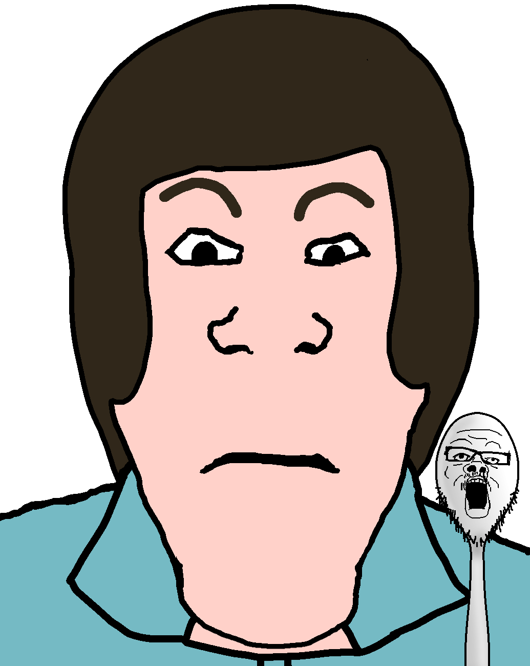 a24 slowburn soyjak, markiplier soyjak, neutralplier, 2soyjaks, black eyes, blue eyes, blue shirt, brown hair, closed mouth, front view