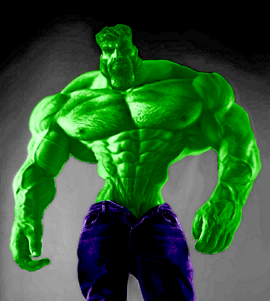 gigachad, hulk, terachad, beard, black hair, buff, capeshit, closed mouth, front view, full body