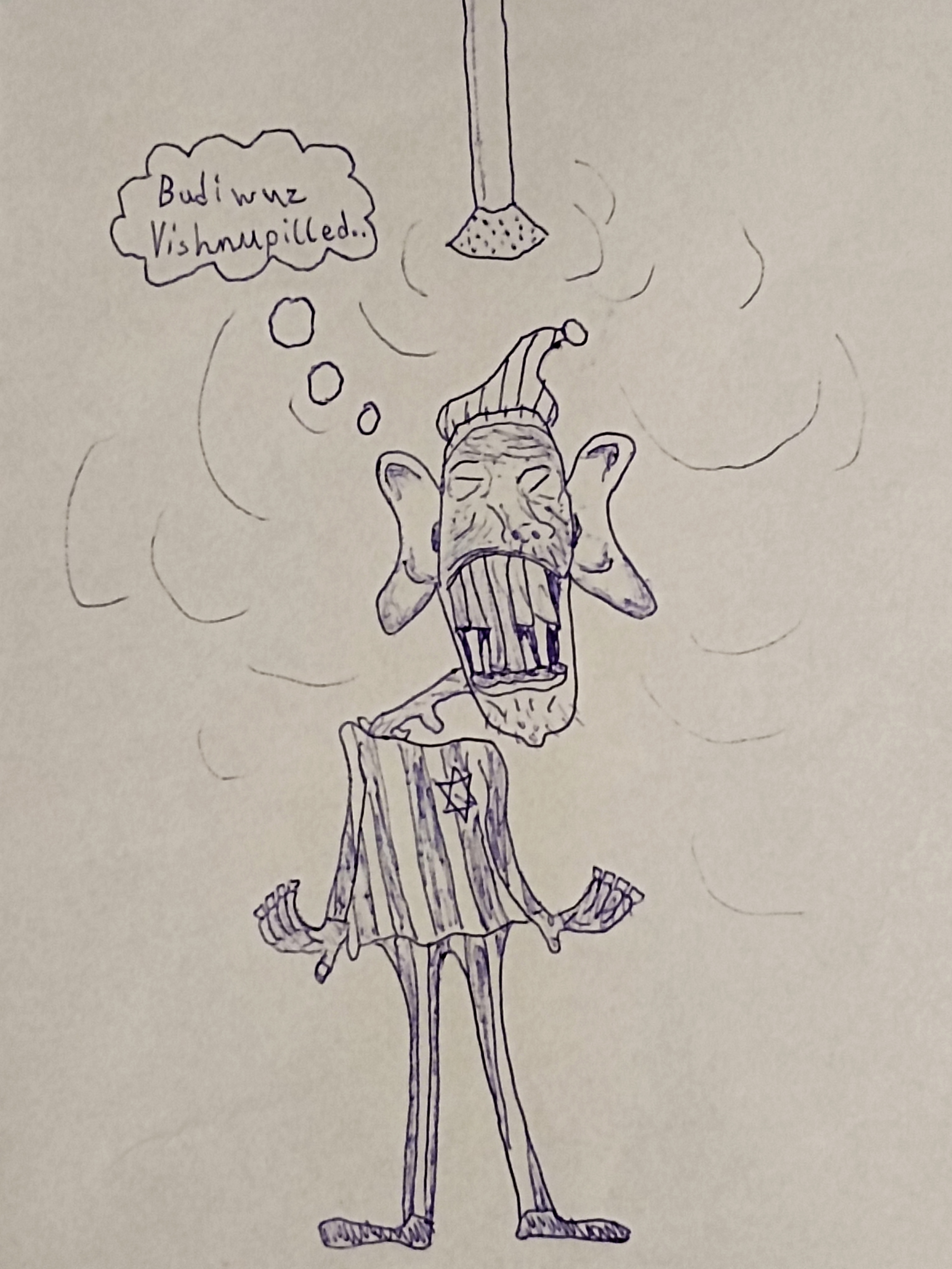asian, big ears, buckteeth, closed eyes, confused, crooked teeth, ear, front view, full body, gas chamber