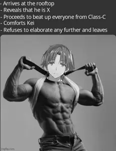 gigachad, kiyotaka ayanokoji, anime, buff, caption, closed mouth, gray background, gray skin, meme, muscles