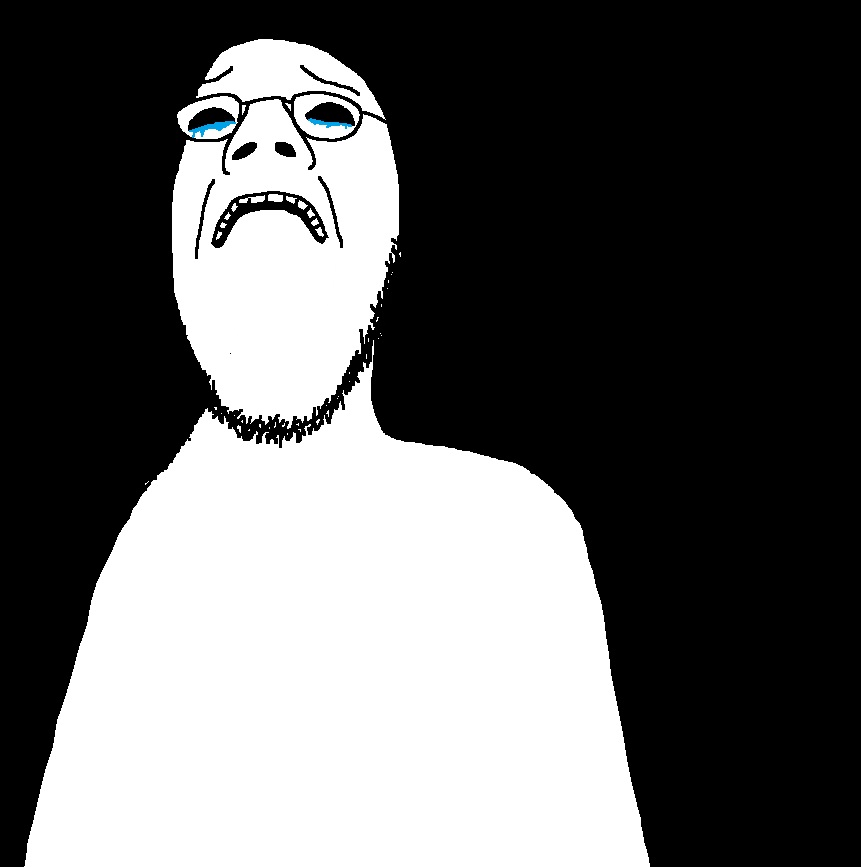 newton, 1soyjak, bald, black background, black eyes, crying, disgusted, front view, frown, glasses