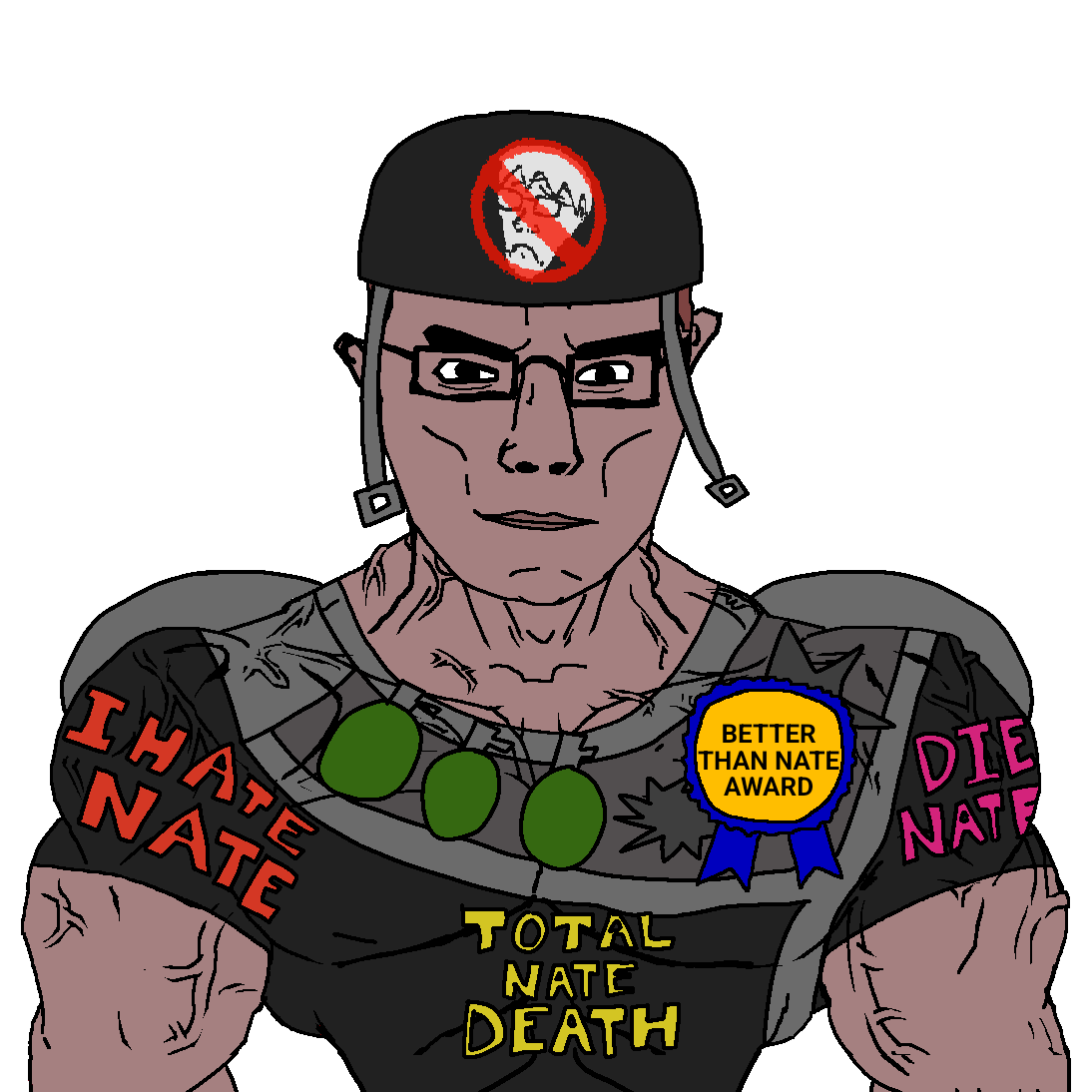 nate killer, chudjak, chudjak front, muscular chud, 1soyjak, award, black eyes, black shirt, brown hair, brunette skin