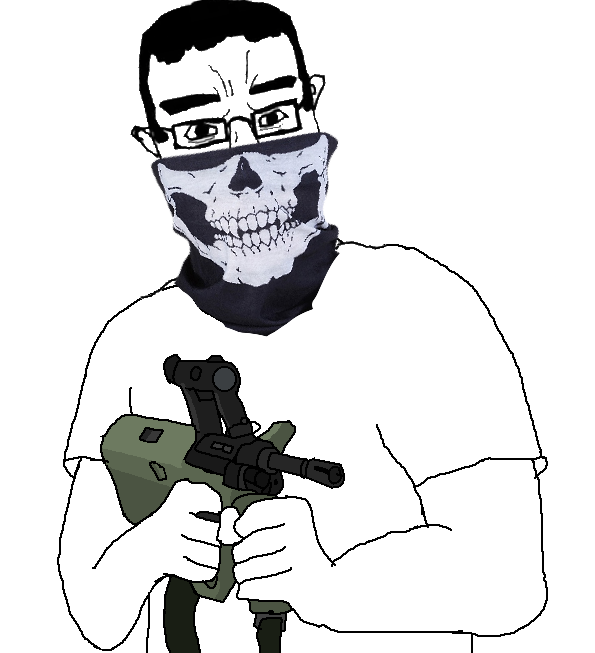 chudjak, chudjak front, 1soyjak, arm, assault rifle, aug, black hair, closed mouth, clothes, full body