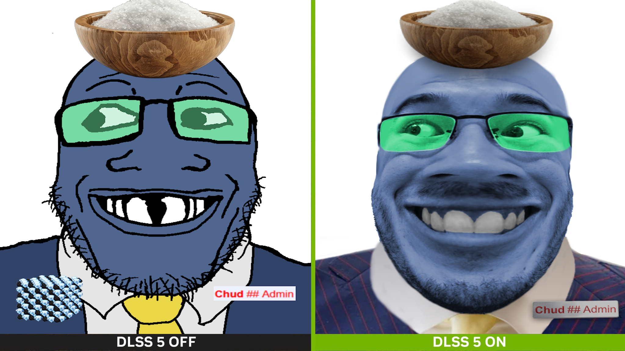 markiplier soyjak, grinlook poggers, grinplier, 2soyjaks, blue skin, clothes, distorted, front view, glasses, green glasses