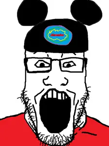 markiplier soyjak, 1soyjak, bald, black eyes, clothes, disneyland, fat, front view, gaping mouth, glasses