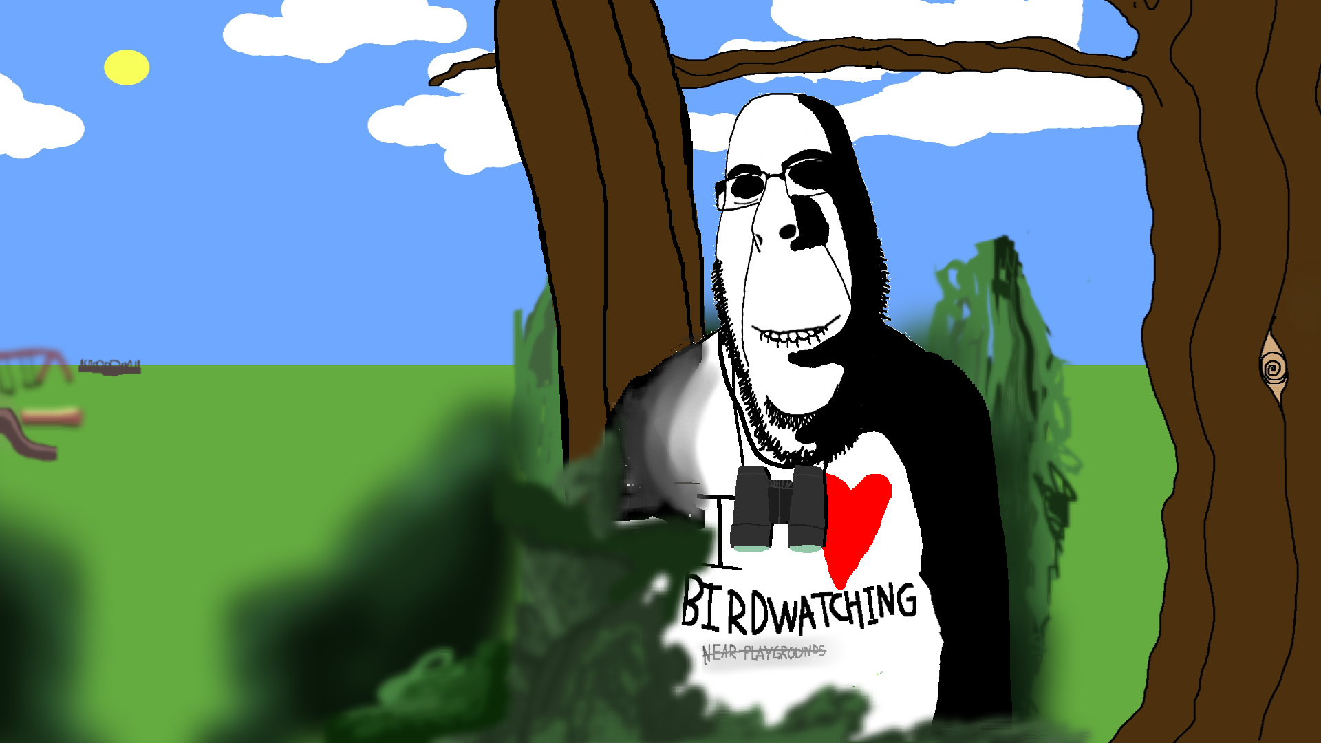 rapeson, cobson, hornyson, rapeson, 1soyjak, bald, binoculars, birdwatching, biting lip, black eyes