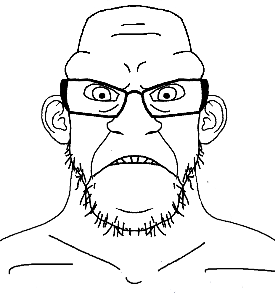 feraljak, kenneth, 1soyjak, bald, front view, frown, glasses, half open mouth, looking at you, open eyes