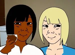 kuzjak, temuchan, femjak, want to drink?, black hair, black skin, black woman, blonde hair, blue shirt, brazil