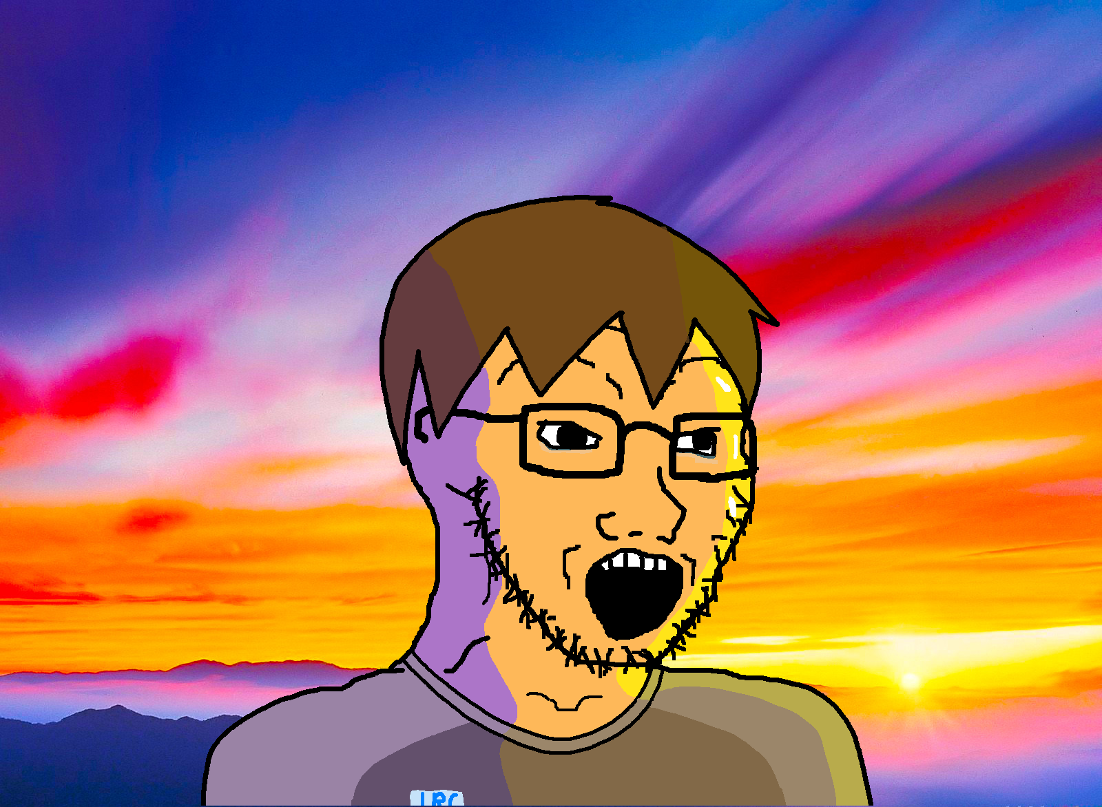soyak, natejak, 1soyjak, brown hair, clothes, glasses, golden hour, hair, irc, irl background