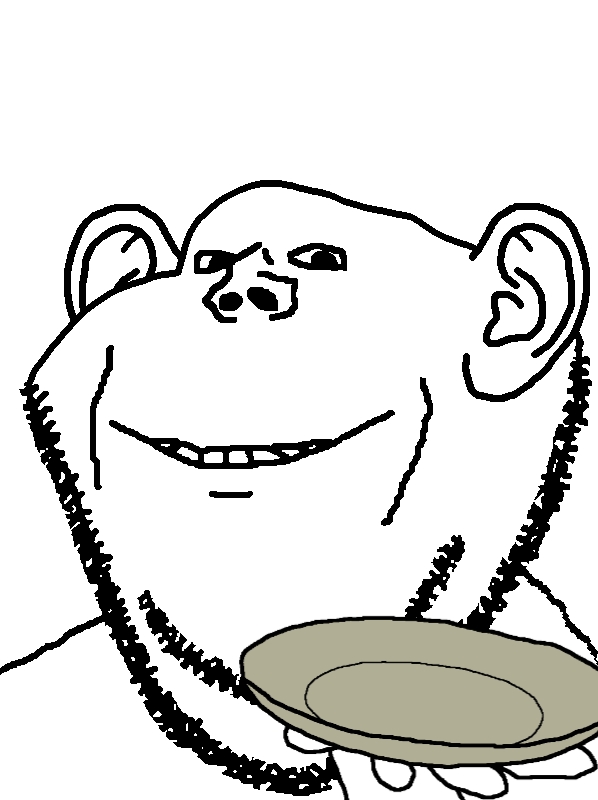impish soyak ears, platejak, 1soyjak, bald, black eyes, front view, half body, half open mouth, holding object, holding plate