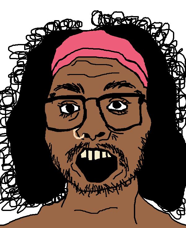 validjak, 1soyjak, black eyes, braids, brown skin, hair, hairband, half closed eyes, long hair, looking to the left