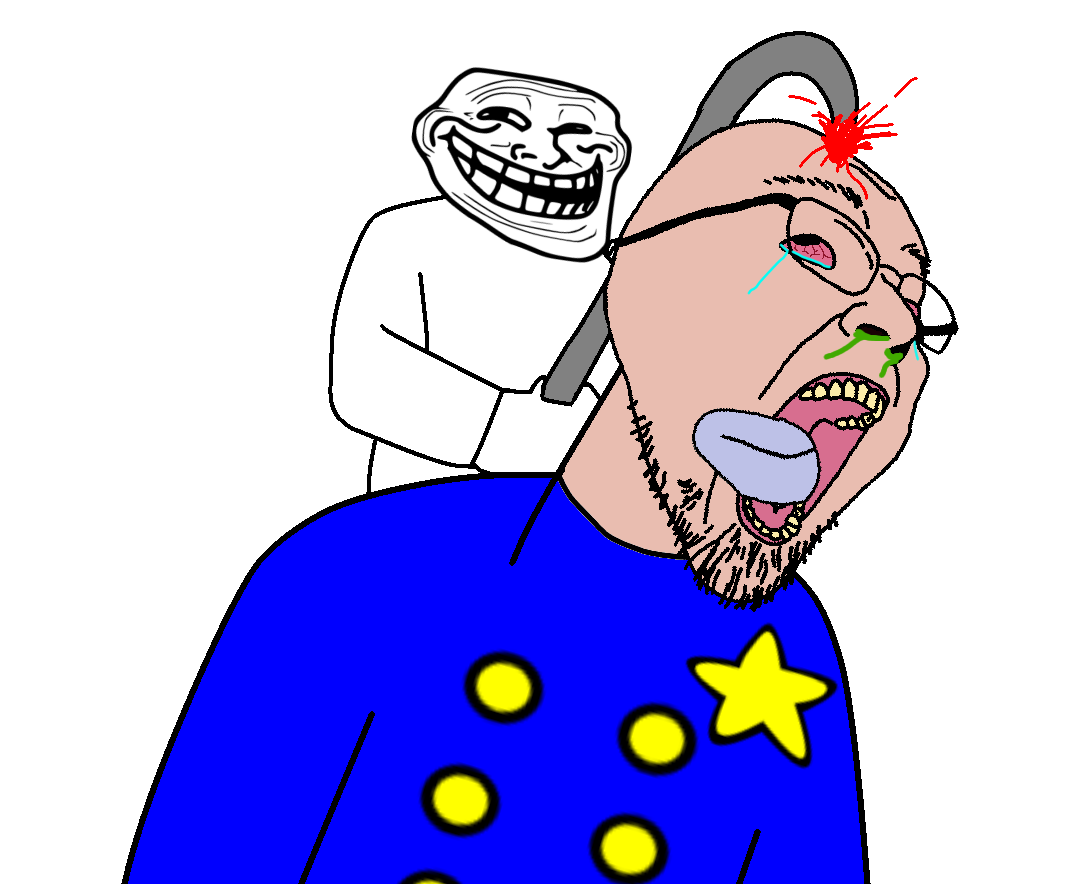 trollface, bernd, chud's hitman, 2soyjaks, ack, blood, crowbar, crying, front view, glasses