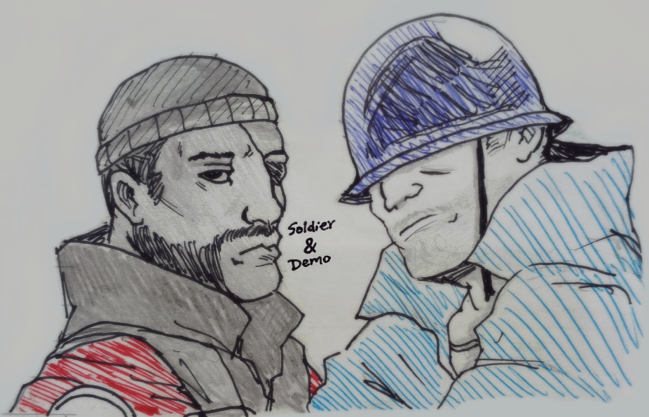 lemoone, demoman (team fortress 2), soldier (team fortress 2), art, beanie, closed mouth, clothes, drawing, drawn, eyepatch