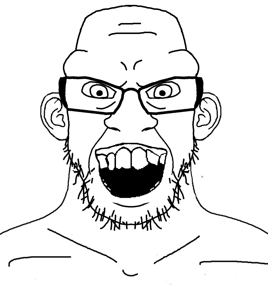 feraljak, kenneth, 1soyjak, bald, front view, glasses, looking at you, open eyes, open mouth, portrait