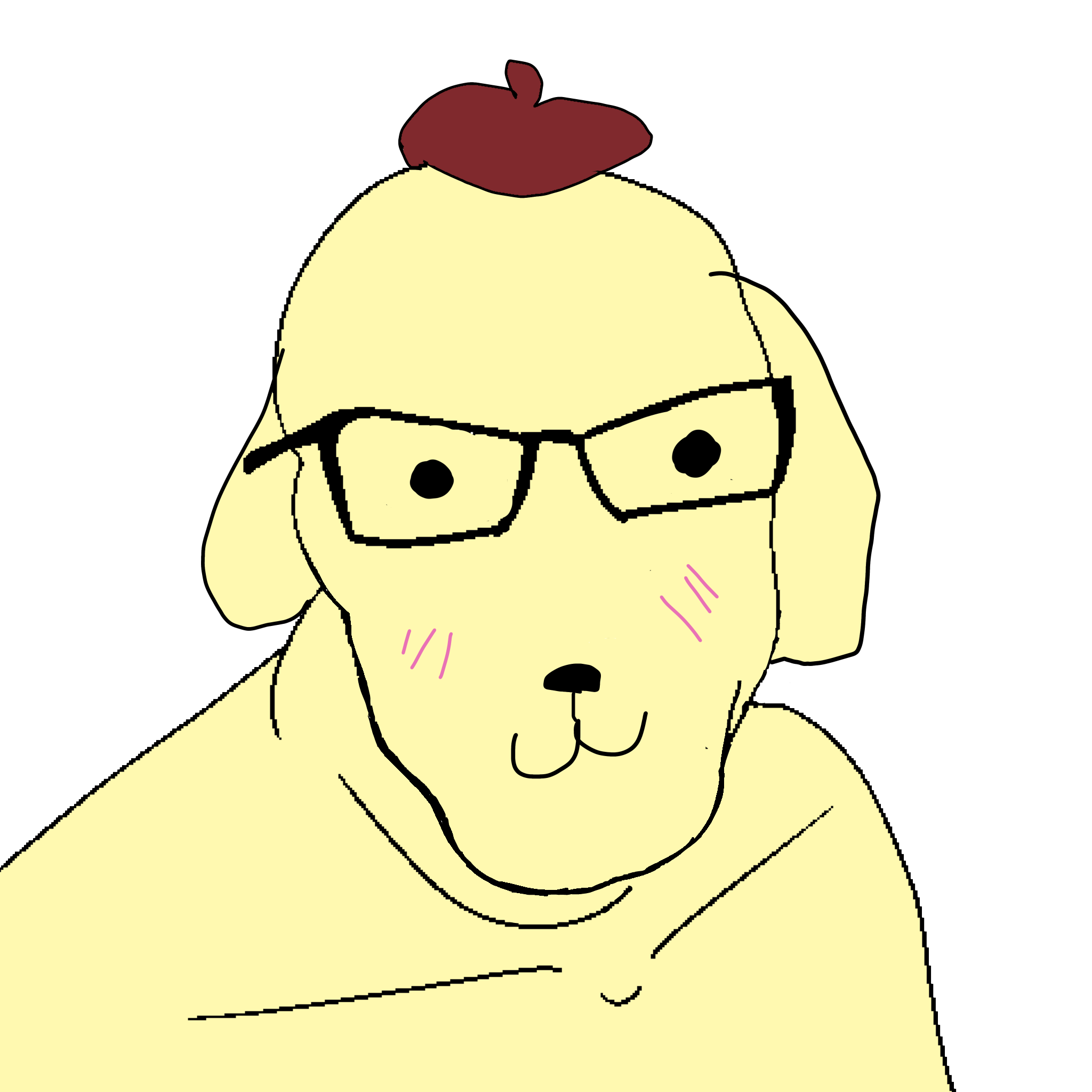 pompompurin, feraljak, 1soyjak, animal, black eyes, black glasses, blush, blush lines, closed mouth, clothes
