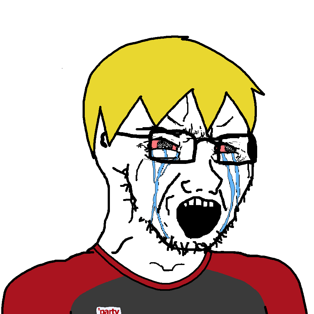 nate higgers, soyak, soyak (crying), natejak, 1soyjak, angry, badge, blonde hair, bloodshot eyes, bowl cut