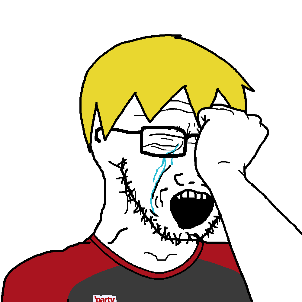 nate higgers, soyak, soyak (crying), natejak, 1soyjak, arm, badge, blonde hair, bowl cut, closed eyes