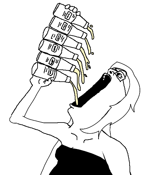 6soylent, female 6soylent, femjak, foidjaks, 1soyjak, black eyes, black shirt, breasts, drink, drinking