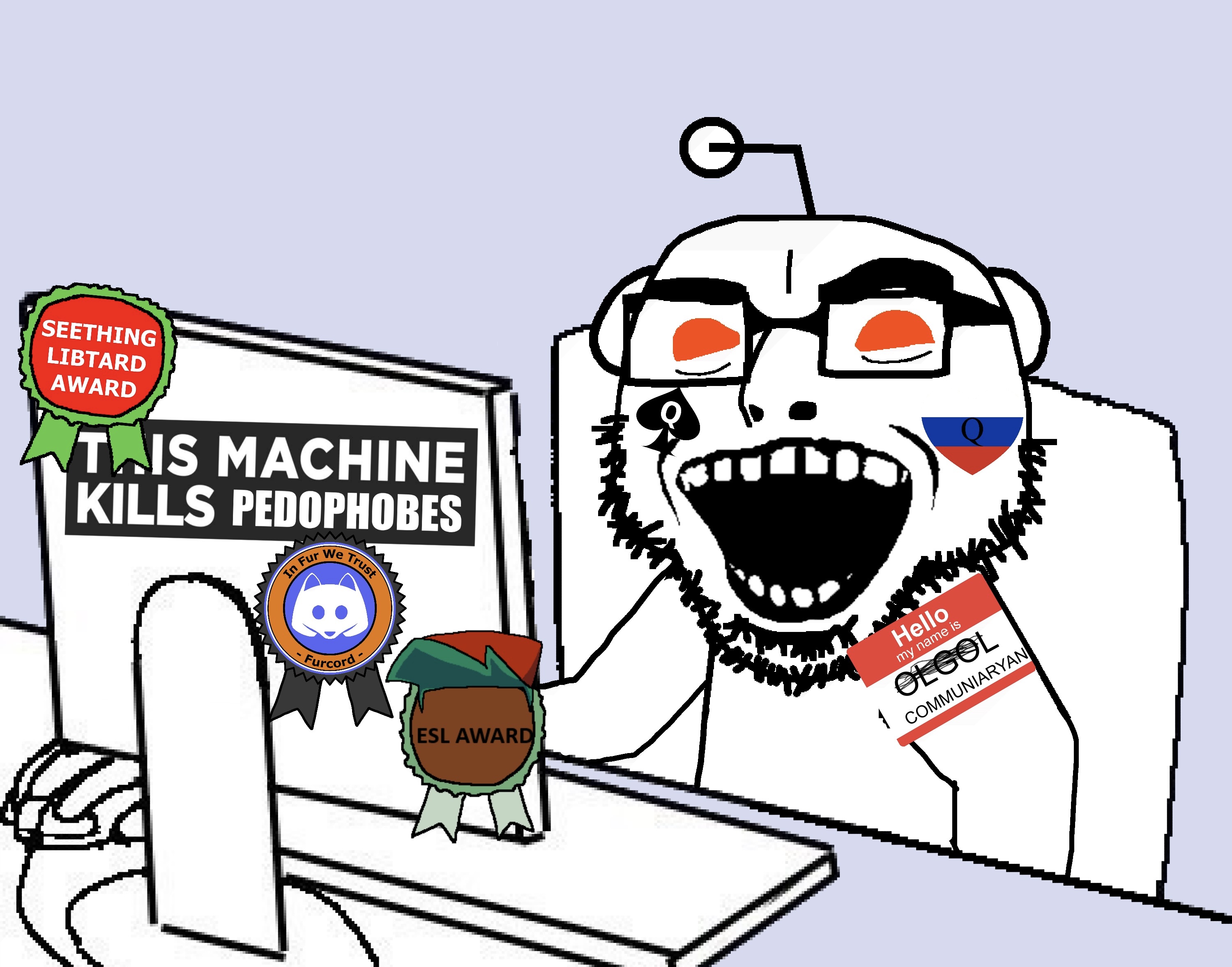 esl fnf pedo, cobson, olgolstein, proud olgolians, 1soyjak, antenna, award, bald, communist, computer