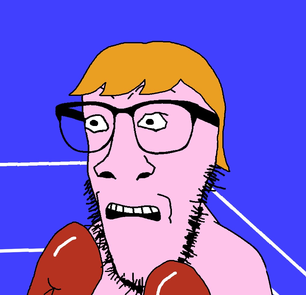 dylanjak, dylanjak 3/4, 1soyjak, black eyes, blue background, boxer, boxing, boxing glove, boxing ring, frown