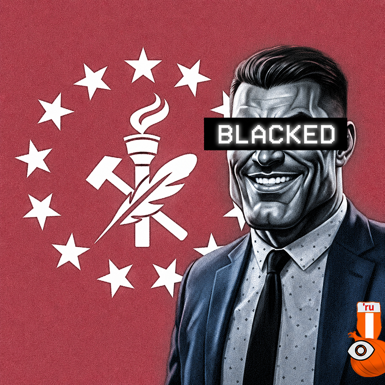 john apla, 'ru, 1 year on bald men with glasses website, anporver, approver, badge, blacked, buff, closed eyes, drawn background