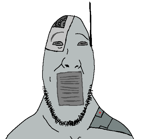 daniel, 1soyjak, antenna, bald, bolts, front view, gray eyes, gray skin, half closed eyes, iron parts