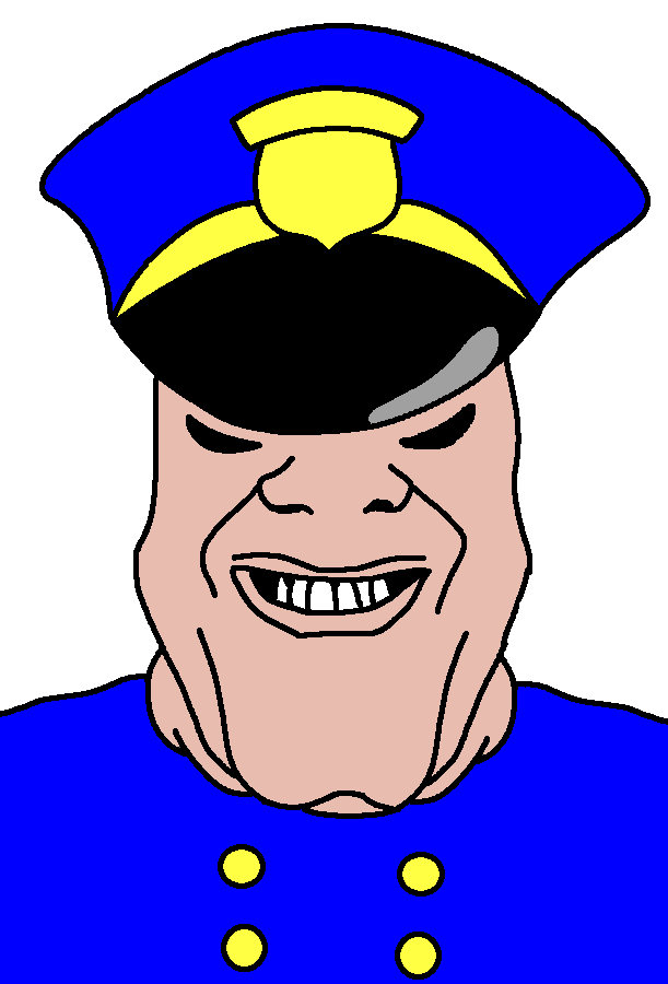 police man ganson, markiplier soyjak, grinplier, 1soyjak, bald, blue shirt, cap, clothes, front view, half open mouth