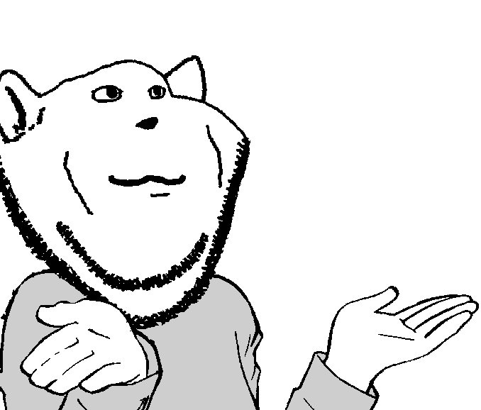 glegle, impish soyak ears, impish glegle, 1soyjak, ako shrug, animal ears, black eyes, closed mouth, ear, eyebrow
