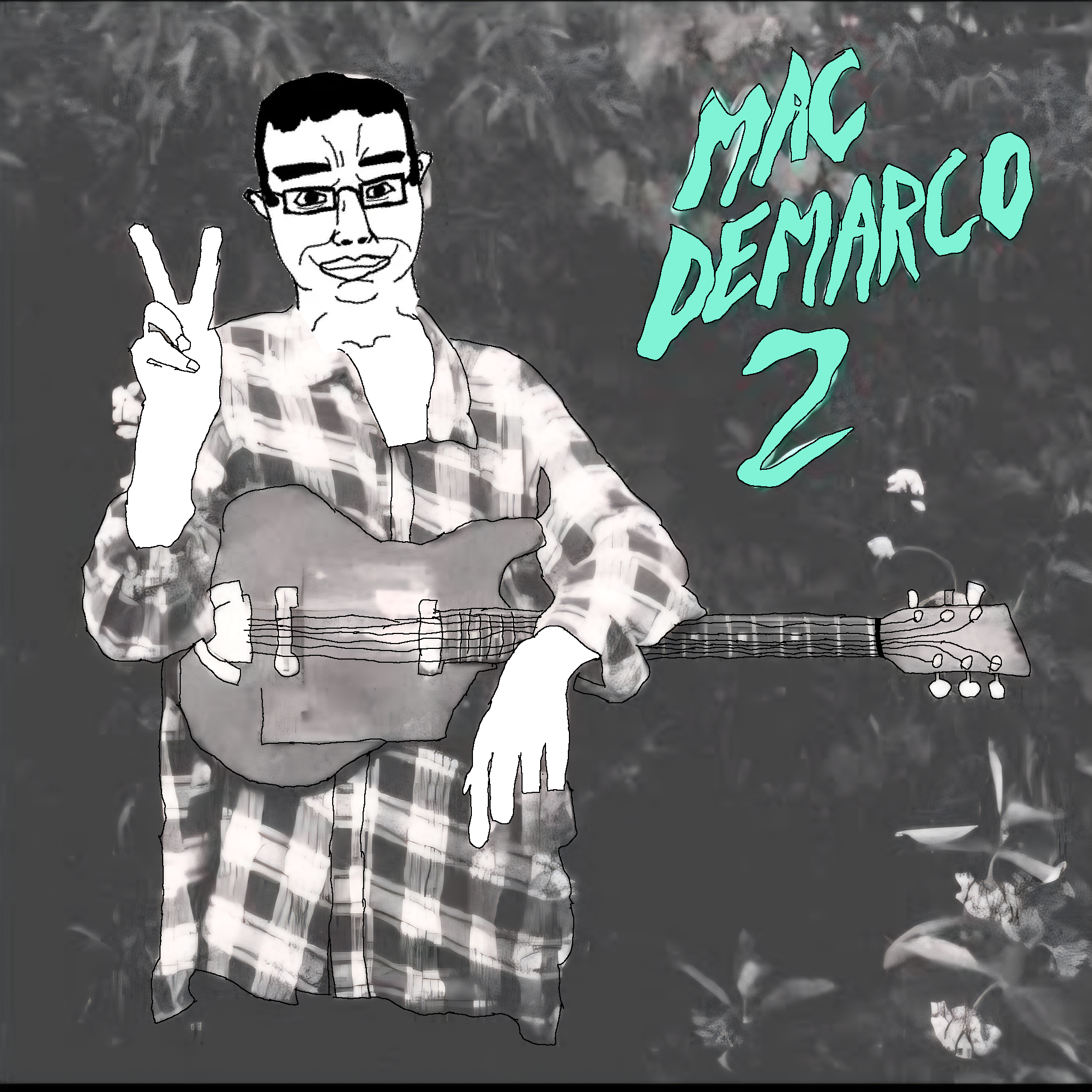 chudjak, chudjak front, album cover, black eyes, black hair, closed mouth, electric guitar, front view, full body, glasses